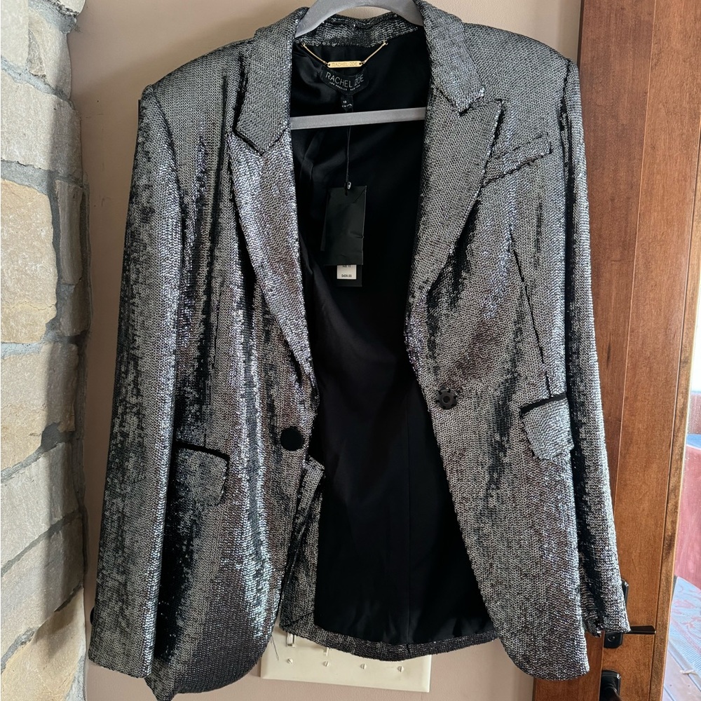 Rachel Zoe Sequin Gunmetal Silver Blazer Jacket with shoulder pads
